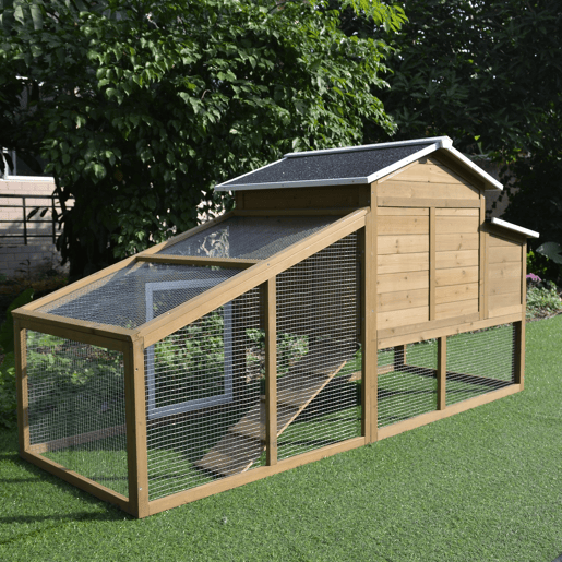 PawHut Galinheiro de Madeira Exterior Gaiola para 2-4 Galinhas com Grade de Arame Tetos Asfálticos Ninho Bandeja Removível Rampa e Zona Aberta 200x80x105cm Natural