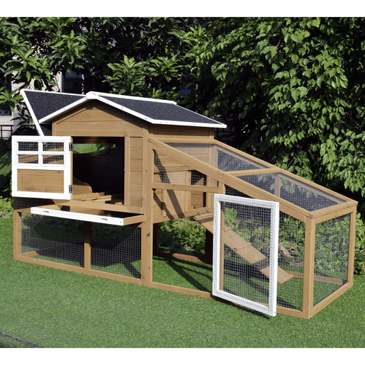 PawHut Galinheiro de Madeira Exterior Gaiola para 2-4 Galinhas com Grade de Arame Tetos Asfálticos Ninho Bandeja Removível Rampa e Zona Aberta 200x80x105cm Natural