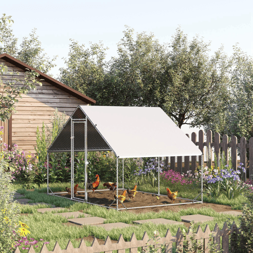 PawHut Galinheiro de Exterior Grande 3x2x2m Gaiola para 4-6 Galinhas de Aço Galvanizado com Teto de PE e Fechadura para Coelhos Prata