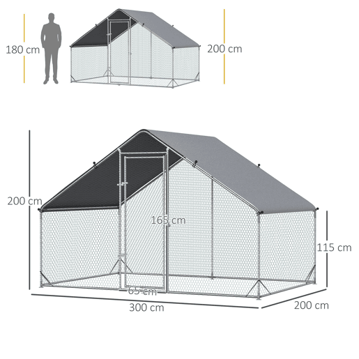 PawHut Galinheiro de Exterior Grande 3x2x2m Gaiola para 4-6 Galinhas de Aço Galvanizado com Teto de PE e Fechadura para Coelhos Prata
