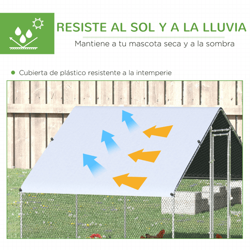 PawHut Galinheiro de Exterior Grande 3x2x2m Gaiola para 4-6 Galinhas de Aço Galvanizado com Teto de PE e Fechadura para Coelhos Prata