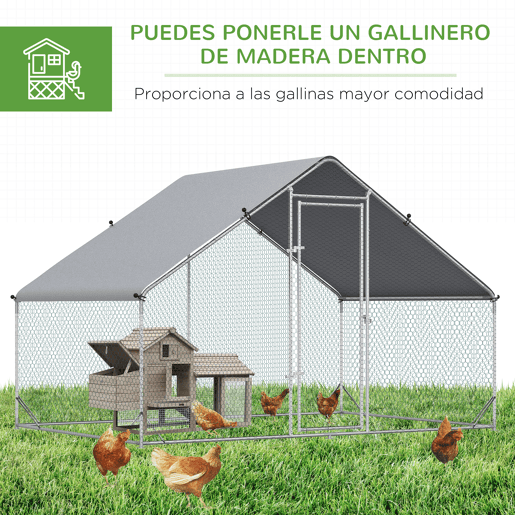 PawHut Galinheiro de Exterior Grande 3x2x2m Gaiola para 4-6 Galinhas de Aço Galvanizado com Teto de PE e Fechadura para Coelhos Prata