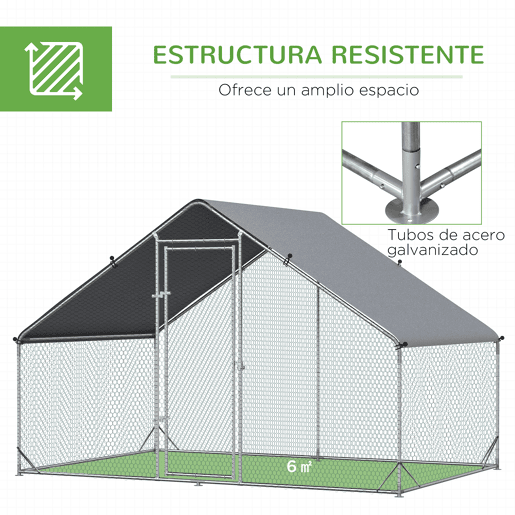 PawHut Galinheiro de Exterior Grande 3x2x2m Gaiola para 4-6 Galinhas de Aço Galvanizado com Teto de PE e Fechadura para Coelhos Prata