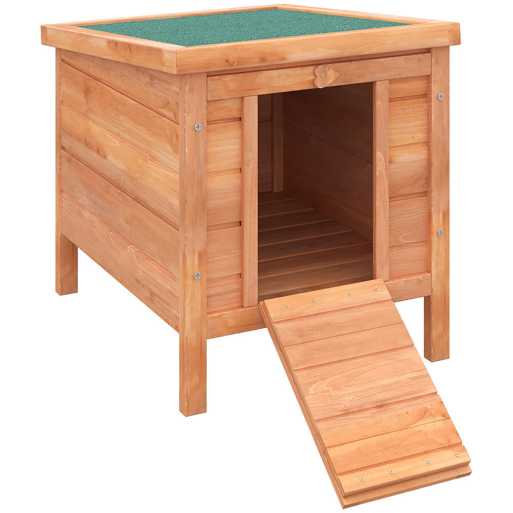 Pawhut conejera de madera exterior jaula caseta para roedores mascotas pequeñas con techo asfáltico se puede abrir y rampa antideslizante 42x51x43 cm natural
