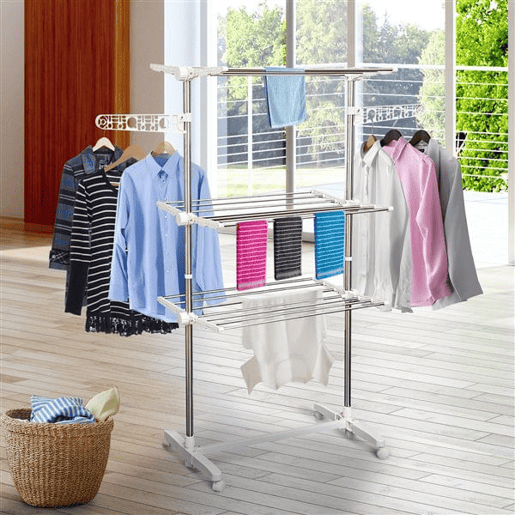 HOMCOM Estendal para Roupa Dobrável 80x55x152cm com 6 Rodas e 3 Prateleiras com Altura Ajustável de Aço Inoxidável Prateado