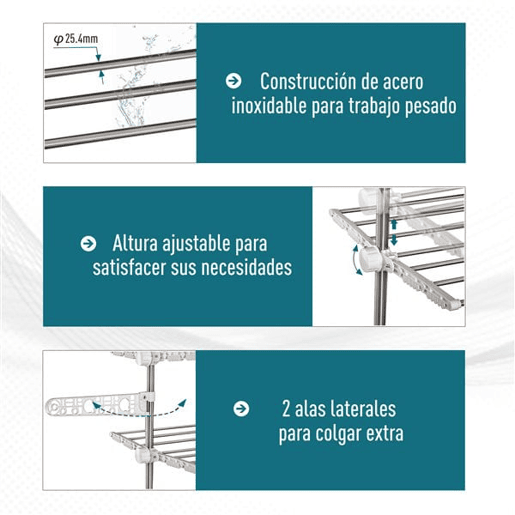 HOMCOM Estendal para Roupa Dobrável 80x55x152cm com 6 Rodas e 3 Prateleiras com Altura Ajustável de Aço Inoxidável Prateado