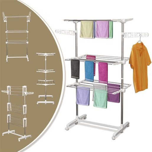 HOMCOM Estendal para Roupa Dobrável 80x55x152cm com 6 Rodas e 3 Prateleiras com Altura Ajustável de Aço Inoxidável Prateado