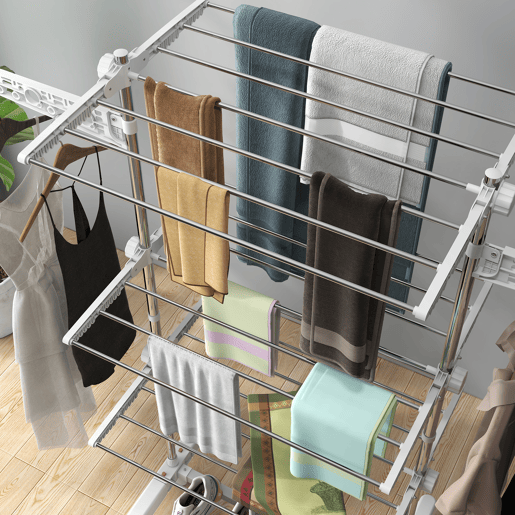 HOMCOM Estendal para Roupa Dobrável 80x55x152cm com 6 Rodas e 3 Prateleiras com Altura Ajustável de Aço Inoxidável Prateado