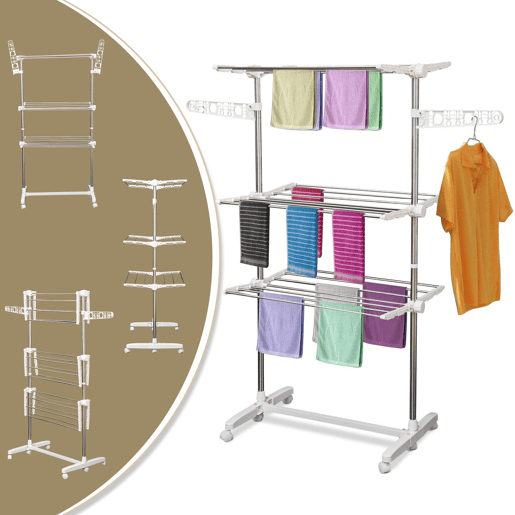 HOMCOM Estendal para Roupa Dobrável 80x55x152cm com 6 Rodas e 3 Prateleiras com Altura Ajustável de Aço Inoxidável Prateado