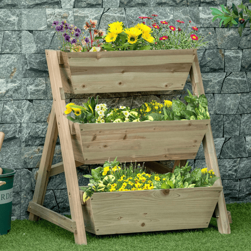Outsunny Horta de Escada de 3 Níveis Horta de Madeira com Tecido não tecido e Orifícios de Drenagem Horta para Plantas Flores Ervas 71x61x77cm Madeira Natural