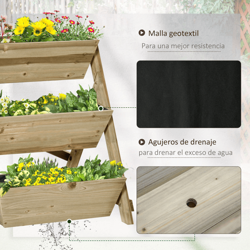 Outsunny Horta de Escada de 3 Níveis Horta de Madeira com Tecido não tecido e Orifícios de Drenagem Horta para Plantas Flores Ervas 71x61x77cm Madeira Natural