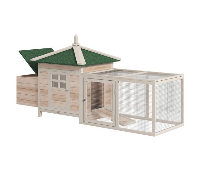 Pawhut gallinero de madera exterior, jaula para gallinas con nidos, corral, bandeja extraíble, tapa abatible, 196x76x97 cm, natural
