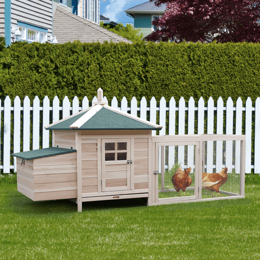 PawHut Galinheiro de Madeira de Abeto para Galinhas Exterior com Caixa Ninho Bandeja Removível e Espaço para Correr 196x76x97 cm Natural