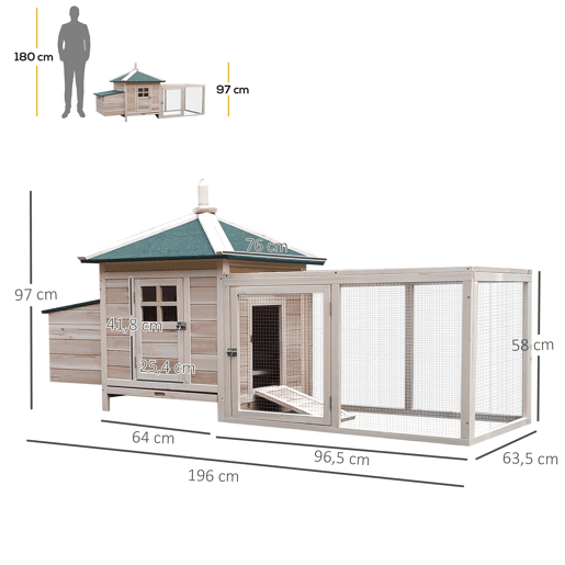 PawHut Galinheiro de Madeira de Abeto para Galinhas Exterior com Caixa Ninho Bandeja Removível e Espaço para Correr 196x76x97 cm Natural