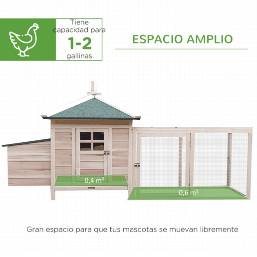 PawHut Galinheiro de Madeira de Abeto para Galinhas Exterior com Caixa Ninho Bandeja Removível e Espaço para Correr 196x76x97 cm Natural