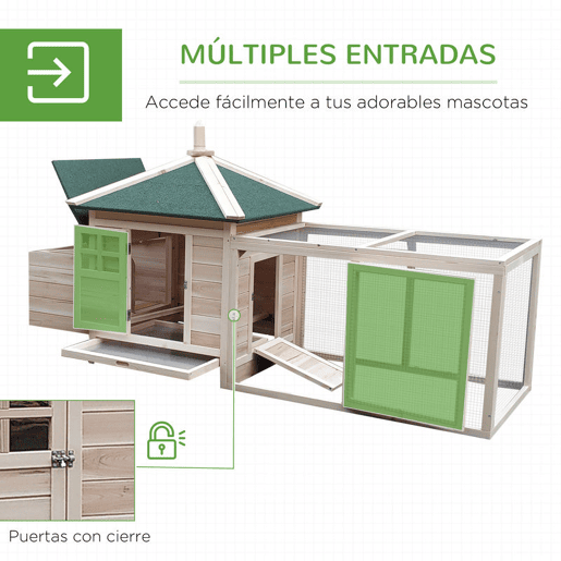 PawHut Galinheiro de Madeira de Abeto para Galinhas Exterior com Caixa Ninho Bandeja Removível e Espaço para Correr 196x76x97 cm Natural