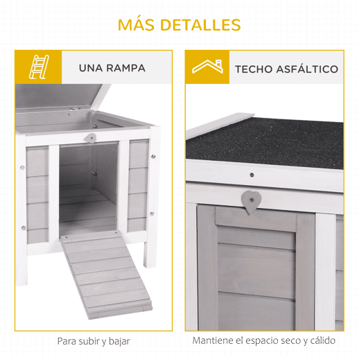 PawHut Coelheira de Madeira Exterior Coelheira para Roedores Animais de Estimação Pequenos com Teto Asfáltico e Rampa Antiderrapante 42x51x43cm Cinza