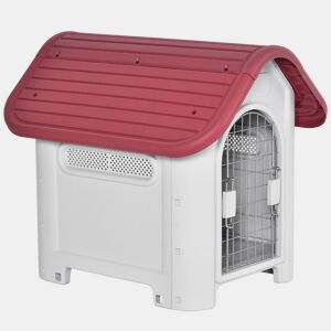 PawHut Casota para Cães com Porta Removível Base Elevada 3 Respiradouros e Janela Casota de Cães para Interior e Exterior 59x75x66cm Cinza e Vermelho