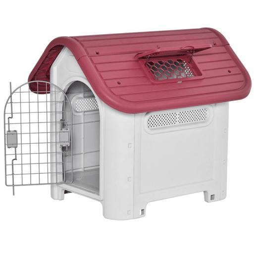 PawHut Casota para Cães com Porta Removível Base Elevada 3 Respiradouros e Janela Casota de Cães para Interior e Exterior 59x75x66cm Cinza e Vermelho