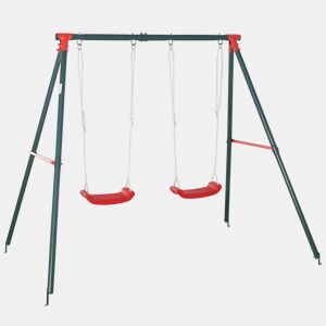 Outsunny Conjunto de Baloiços para Crianças acima de 3 Anos com Suporte de Metal Baloiço Duplo com Corda Ajustável para Exterior Carga Máx. 40kg 220x160x180 cm Verde e Vermelho