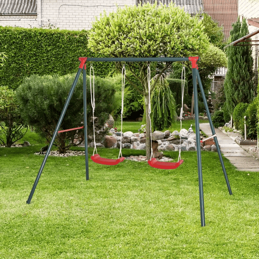 Outsunny Conjunto de Baloiços para Crianças acima de 3 Anos com Suporte de Metal Baloiço Duplo com Corda Ajustável para Exterior Carga Máx. 40kg 220x160x180 cm Verde e Vermelho Outsunny Conjunto de Baloiços para Crianças acima de 3 Anos com Suporte de Metal Baloiço Duplo com Corda Ajustável para Exterior Carga Máx. 40kg 220x160x180 cm Verde e Vermelho