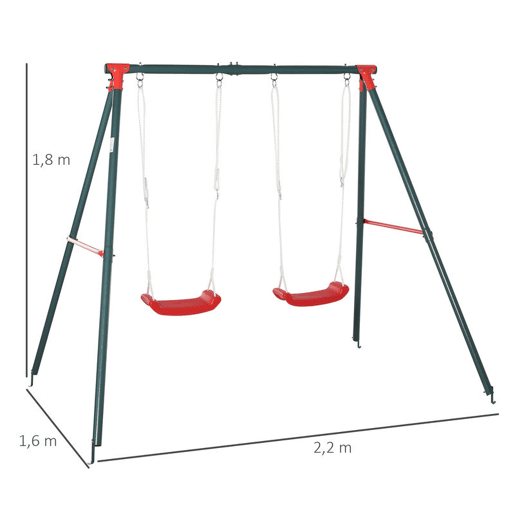 Outsunny Conjunto de Baloiços para Crianças acima de 3 Anos com Suporte de Metal Baloiço Duplo com Corda Ajustável para Exterior Carga Máx. 40kg 220x160x180 cm Verde e Vermelho Outsunny Conjunto de Baloiços para Crianças acima de 3 Anos com Suporte de Metal Baloiço Duplo com Corda Ajustável para Exterior Carga Máx. 40kg 220x160x180 cm Verde e Vermelho