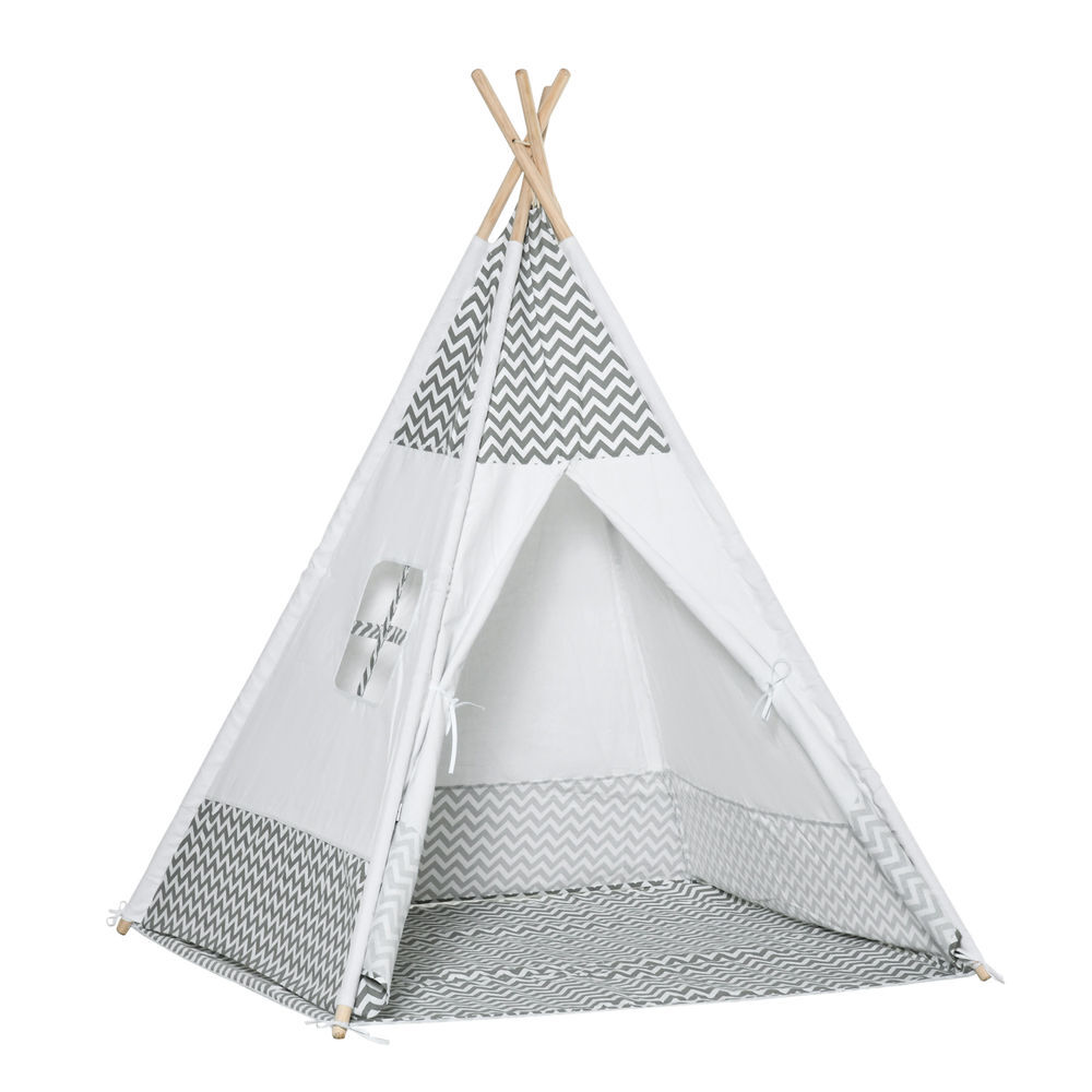 Homcom tienda de campaña para niños de +3 años tipi infantil de madera portátil con ventana colchoneta y bolsa de transporte para interiores y exteriores 120x120x155 cm gris