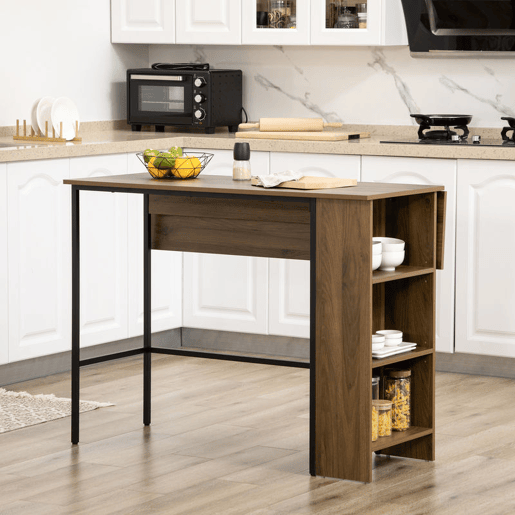 HOMCOM Mesa de Bar Extensível Mesa de Bistrô com 3 Prateleiras de Armazenamento e Estrutura de Metal para Cozinha Sala de Jantar 120x76x91,4cm Marrom