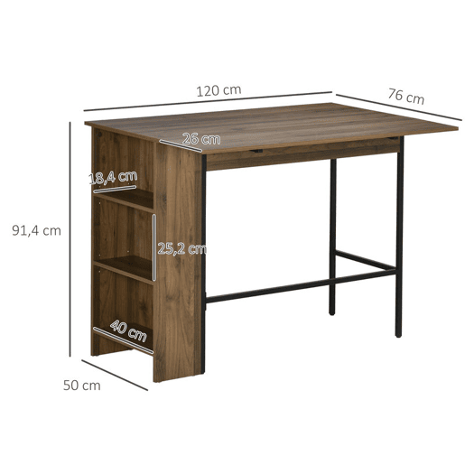 HOMCOM Mesa de Bar Extensível Mesa de Bistrô com 3 Prateleiras de Armazenamento e Estrutura de Metal para Cozinha Sala de Jantar 120x76x91,4cm Marrom