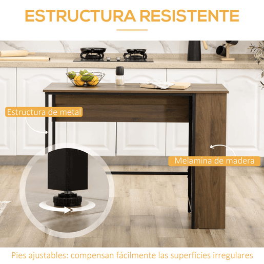 HOMCOM Mesa de Bar Extensível Mesa de Bistrô com 3 Prateleiras de Armazenamento e Estrutura de Metal para Cozinha Sala de Jantar 120x76x91,4cm Marrom
