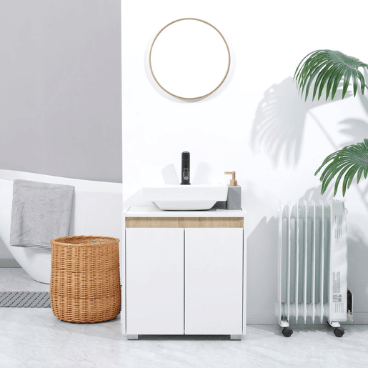 kleankin Móvel para Lavatório Pousar Armário Casa de Banho com 2 Portas e Armazenamento Interior Anti-Tombo 57x33x60cm Branco e Madeira kleankin Móvel para Lavatório Pousar Armário Casa de Banho com 2 Portas e Armazenamento Interior Anti-Tombo 57x33x60cm Branco e Madeira