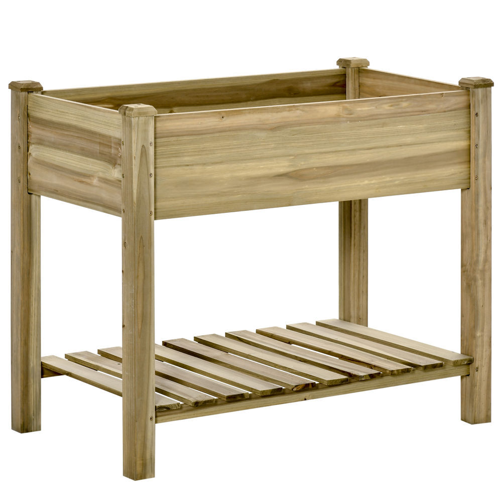 Outsunny huerto urbano de madera con estante mesa de cultivo rectangular con orificios de drenaje para cultivos plantas jardín terraza exterior carga 80 kg 91x51x76 cm natural