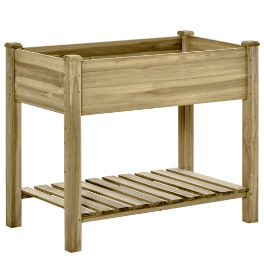 Outsunny Horta Urbana de Madeira com Prateleira Mesa de Cultivo Retangular com Orifícios de Drenagem para Cultivos Plantas Jardim Terraço Exterior Carga 80 kg 91x51x76 cm Natural