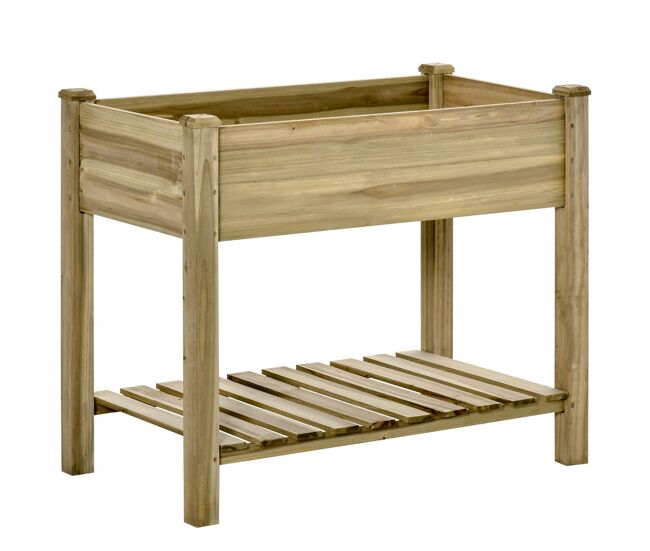 Outsunny huerto urbano de madera con estante mesa de cultivo rectangular con orificios de drenaje para cultivos plantas jardín terraza exterior carga 80 kg 91x51x76 cm natural