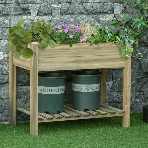 Outsunny Horta Urbana de Madeira com Prateleira Mesa de Cultivo Retangular com Orifícios de Drenagem para Cultivos Plantas Jardim Terraço Exterior Carga 80 kg 91x51x76 cm Natural
