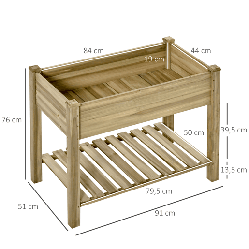Outsunny Horta Urbana de Madeira com Prateleira Mesa de Cultivo Retangular com Orifícios de Drenagem para Cultivos Plantas Jardim Terraço Exterior Carga 80 kg 91x51x76 cm Natural