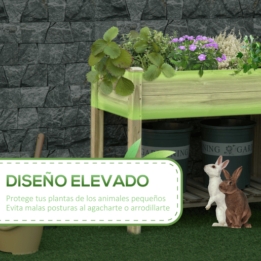 Outsunny Horta Urbana de Madeira com Prateleira Mesa de Cultivo Retangular com Orifícios de Drenagem para Cultivos Plantas Jardim Terraço Exterior Carga 80 kg 91x51x76 cm Natural
