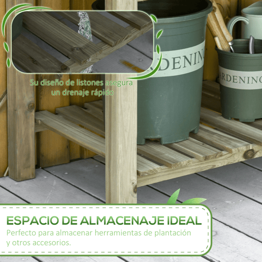 Outsunny Horta Urbana de Madeira com Prateleira Mesa de Cultivo Retangular com Orifícios de Drenagem para Cultivos Plantas Jardim Terraço Exterior Carga 80 kg 91x51x76 cm Natural
