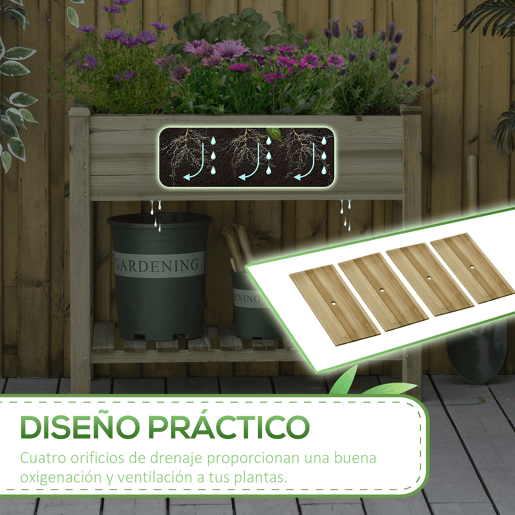 Outsunny Horta Urbana de Madeira com Prateleira Mesa de Cultivo Retangular com Orifícios de Drenagem para Cultivos Plantas Jardim Terraço Exterior Carga 80 kg 91x51x76 cm Natural