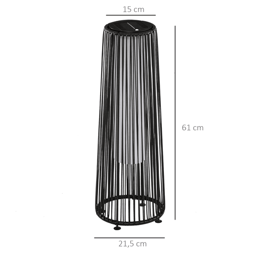 Outsunny Lanterna de Jardim em Vime Sintético Lâmpada Solar para Exterior com Luzes LED Ligar e Desligar Automático Resistente à Água para Terraço Varanda Pátio Ø21,5x61 cm, Preto