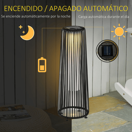 Outsunny Lanterna de Jardim em Vime Sintético Lâmpada Solar para Exterior com Luzes LED Ligar e Desligar Automático Resistente à Água para Terraço Varanda Pátio Ø21,5x61 cm, Preto