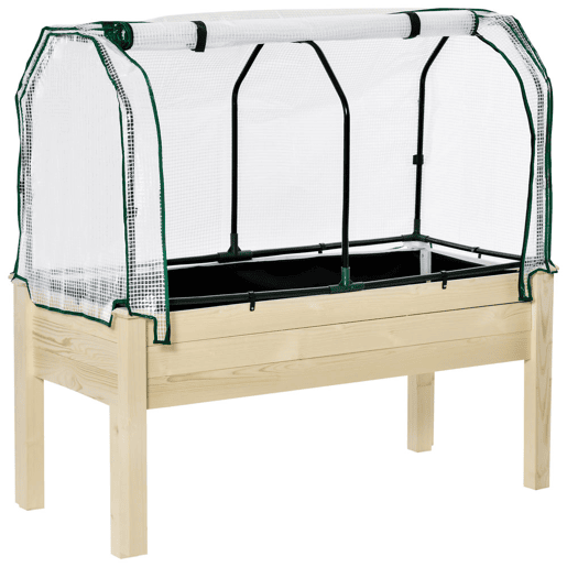 Outsunny Horta Vertical Elevada de Madeira 121x55x117cm com Cobertura de Proteção Mesa de Jardinagem para Cultivo de Flores Vegetais e, Jardim Terraço Madeira Natural