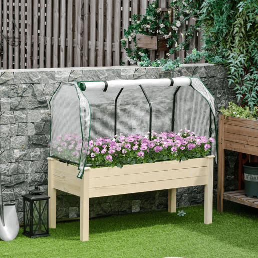 Outsunny Horta Vertical Elevada de Madeira 121x55x117cm com Cobertura de Proteção Mesa de Jardinagem para Cultivo de Flores Vegetais e, Jardim Terraço Madeira Natural