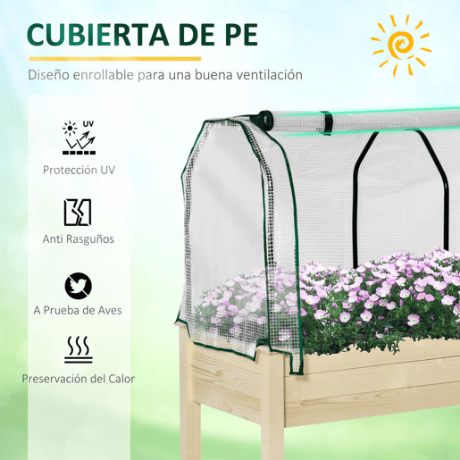 Outsunny Horta Vertical Elevada de Madeira 121x55x117cm com Cobertura de Proteção Mesa de Jardinagem para Cultivo de Flores Vegetais e, Jardim Terraço Madeira Natural