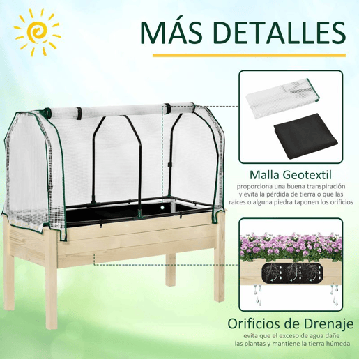 Outsunny Horta Vertical Elevada de Madeira 121x55x117cm com Cobertura de Proteção Mesa de Jardinagem para Cultivo de Flores Vegetais e, Jardim Terraço Madeira Natural