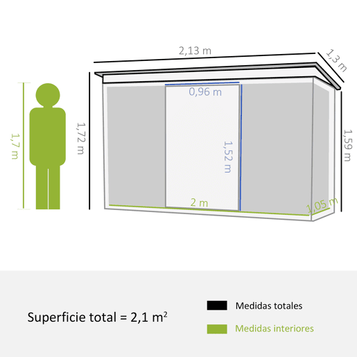Outsunny Abrigo de Jardim 213x130x173cm Abrigo de Exterior de Aço Galvanizado com Porta Corredeira e Ventilações para Armazenamento de Ferramentas Verde