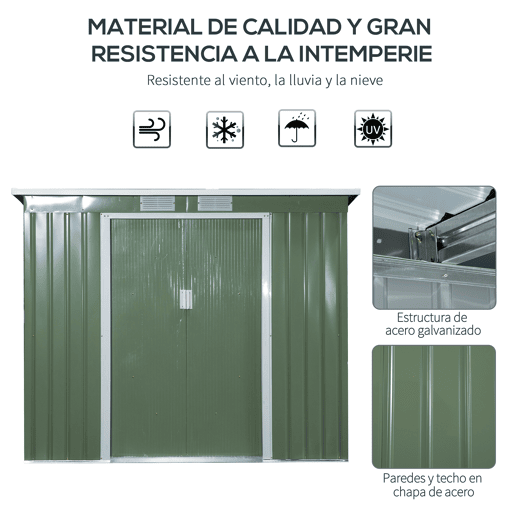Outsunny Abrigo de Jardim 213x130x173cm Abrigo de Exterior de Aço Galvanizado com Porta Corredeira e Ventilações para Armazenamento de Ferramentas Verde