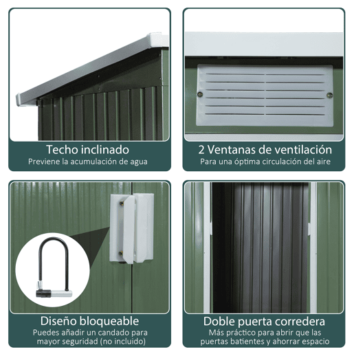 Outsunny Abrigo de Jardim 213x130x173cm Abrigo de Exterior de Aço Galvanizado com Porta Corredeira e Ventilações para Armazenamento de Ferramentas Verde