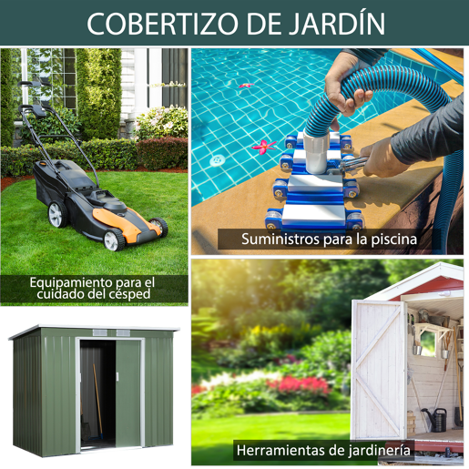 Outsunny Abrigo de Jardim 213x130x173cm Abrigo de Exterior de Aço Galvanizado com Porta Corredeira e Ventilações para Armazenamento de Ferramentas Verde