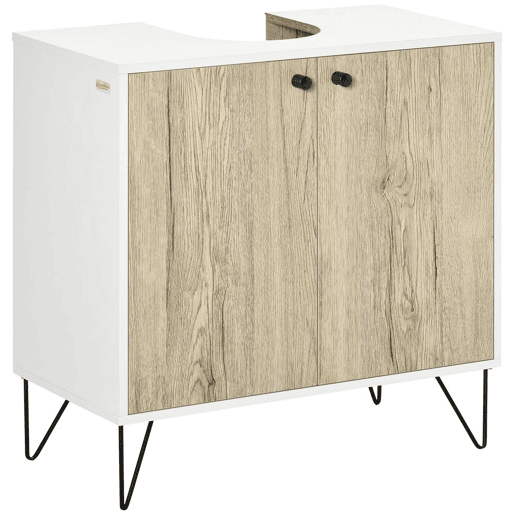kleankin Móvel para Lavatório Pousar de Madeira Armário Casa de Banho com 2 Portas Prateleira e Pés de Aço 60x30x60cm Carvalho e Branco
